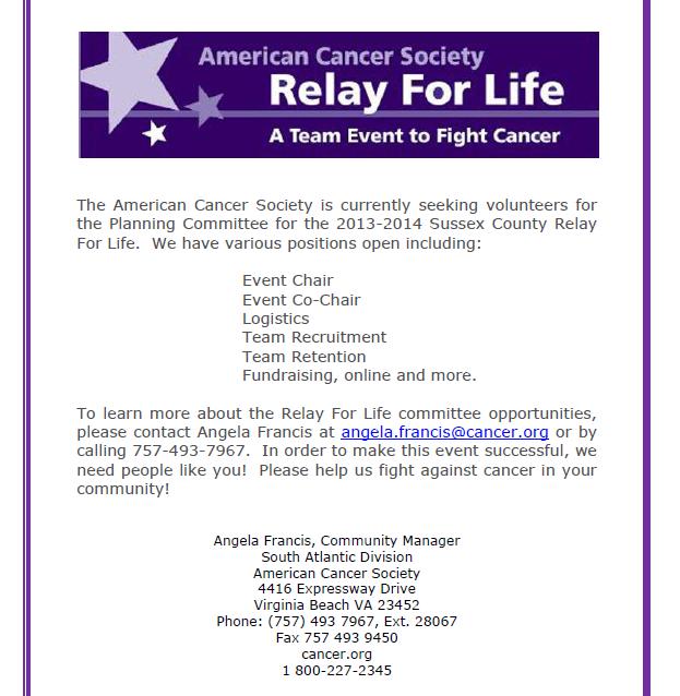 2013-14' Sussex County Relay For Life Volunteers Needed